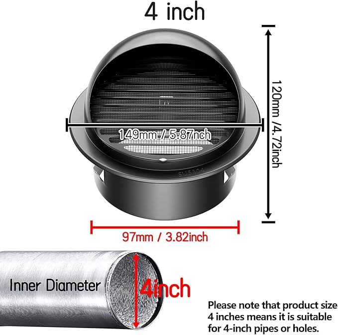 4" in Heavy Duty Thickened 304 Stainless Steel Air Vent Cover Louvered Grille Cover Vent Hood Round Cap Ducting Ventilation Air Outlet with Fly Screen Mesh for House (4inch-100MM Round Cap Black)