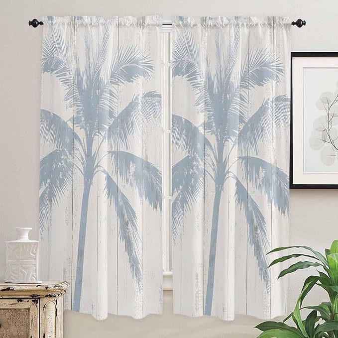 Summer Coconut Tree on Vintage Wood Grain Window Valance Curtains, Seaside Plants Light Filtering Kitchen Valance with 3-inch Rod Pocket for Living Room Bathroom Bedroom,2 Panel,52x72In