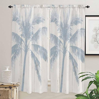 Summer Coconut Tree on Vintage Wood Grain Window Valance Curtains, Seaside Plants Light Filtering Kitchen Valance with 3-inch Rod Pocket for Living Room Bathroom Bedroom,2 Panel,52x72In