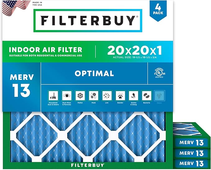 Filterbuy 20x20x1 Air Filter MERV 13 Optimal Smoke & Allergy Defense (4-Pack), Electrostatic Pleated HVAC AC Furnace Filters Replacement, Made in USA (Actual Size: 19.50 x 19.50 x 0.75)