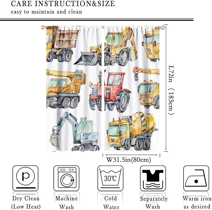 Kids Excavator Curtains, Retro Truck Tractor Machinery Construction Vehicle Crane Digger Mixer Rod Pocket Decorative Windows Curtain for Teens Girls Boys Room 63x72in (30% Blackout)