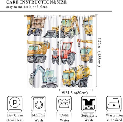 Kids Excavator Curtains, Retro Truck Tractor Machinery Construction Vehicle Crane Digger Mixer Rod Pocket Decorative Windows Curtain for Teens Girls Boys Room 63x72in (30% Blackout)