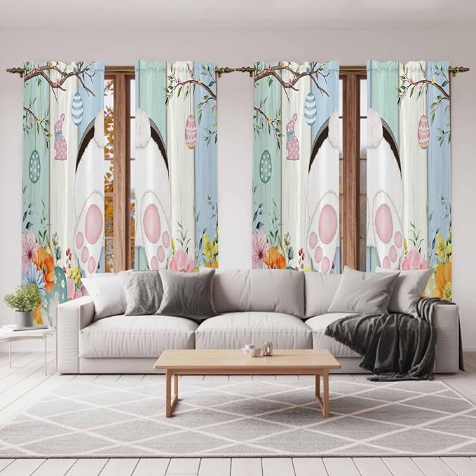 Easter Window Curtains 72 Inch Long 2 Panel Set,Rod Pocket Long Curtains & Drapes,Spring Watercolor Bunny Eggs Wood Grain Teal Blue Light Filtering Window Treatment for Bedroom Living Room 52"W x 72"L