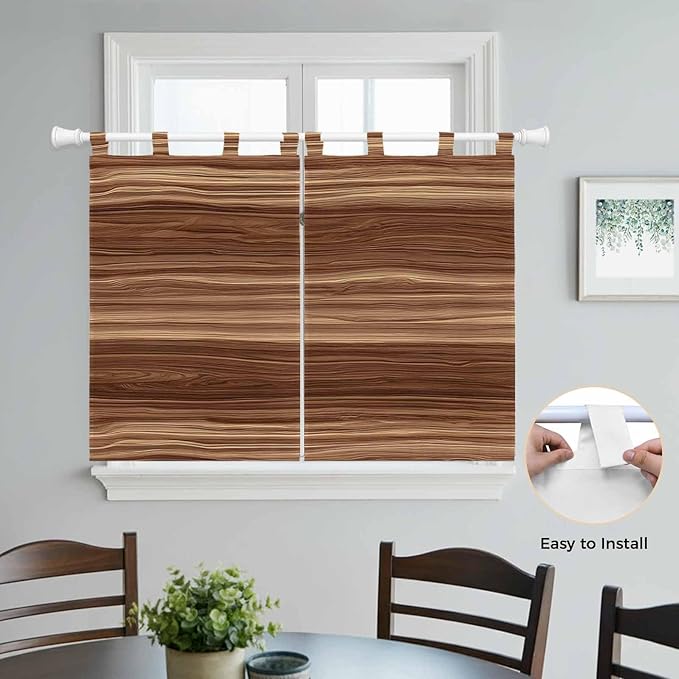 Brown Western Kitchen Curtains 45 Inch Length, Short Cafe Window Curtains Tab Top, Vintage Farmhouse Wood Barn Door Light Filtering Window Treatments Tier Drapes 27.5"x45" 2 Panel