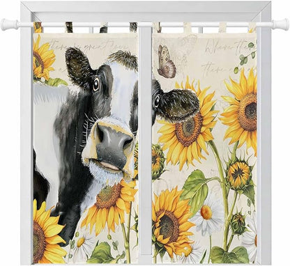 Yellow Sunflowers Living Room Curtains 84 Inch Length, Window Curtains Tab Top, Country Cow Flower Butterfly Farmhouse Cream Light Filtering Window Treatments Drapes 42"x84" 2 Panel