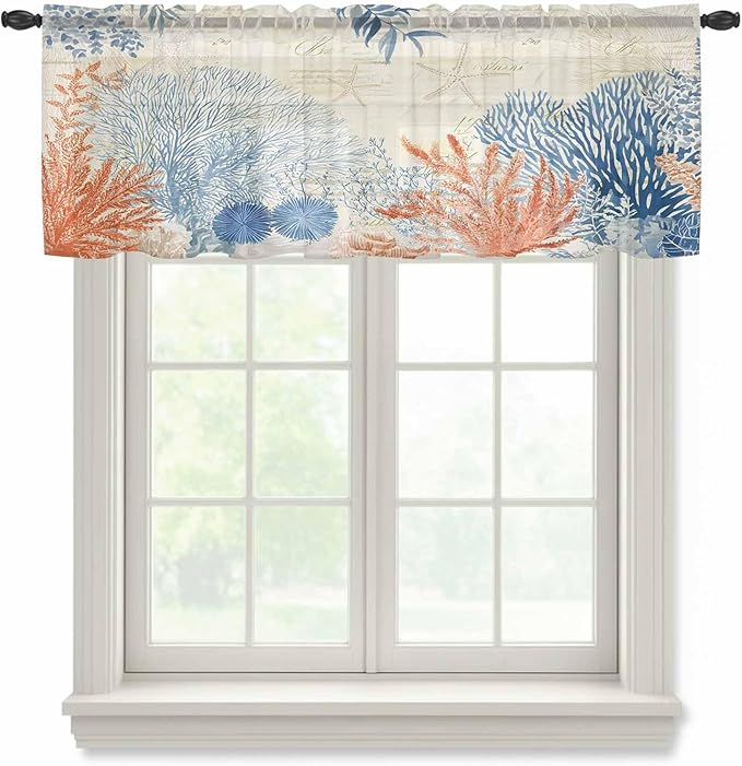 Ocean Corals Sheer Valance Curtains, Summer Beach Coral Sea Stars Retro Texture Light Filtering Kitchen Valances Rod Pocket Voile Curtain Window Treatment for Bedroom/Living Room/Basement 42Wx12L