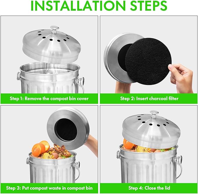 6.5 Inch Kitchen Compost Bin Filters Charcoal Replacement, ENLOY 12 Pack Charcoal Filters for Countertop Home Bucket, Longer Lasting Round Extra Thick Activated Charcoal