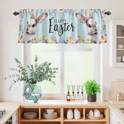 Happy Easter Kitchen Curtains Set 3 Piece for Windows,Rod Pocket Valance and Tier Set 24 Inch Length,Spring Grey Bunny Colorful Eggs Flower Blue Light Filtering Cafe Curtains for Living Room