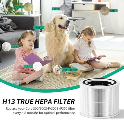 Core 300 Replacement Filter Compatible with LEVOIT Core 300, 300S, P350 VortexAir, Core 300S Filter with 3-in-1 H13 True HEPA, 4-Pack Core 300-RF Filters,White