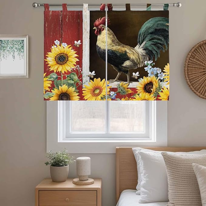 Chicken Sunflowers Kitchen Curtains 45 Inch Length, Short Cafe Window Curtains Tab Top, Farmhouse Animals Red Barn Bees Light Filtering Window Treatments Tier Drapes 27.5"x45" 2 Panel