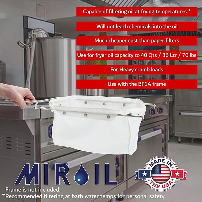 MirOil RB6PS EZ Flow Deep Fryer Oil Filter Bag – Reusable Grease Strainer to Extend Oil Life & Maintain Food Quality – Handles Hot or Cold Liquid – Deep Fryer Filter for Cooking (No Frame Included)