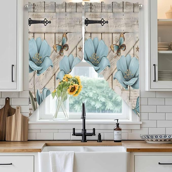 Teal Blue Tulips Swag Valances for Windows, Spring Floral Barn Doors Vintage Wood Beige Rod Pocket Kitchen Curtains Valance, Kitchen Window Curtains Swag for Cafe Living Room, 2 Panels, 36x63 inch