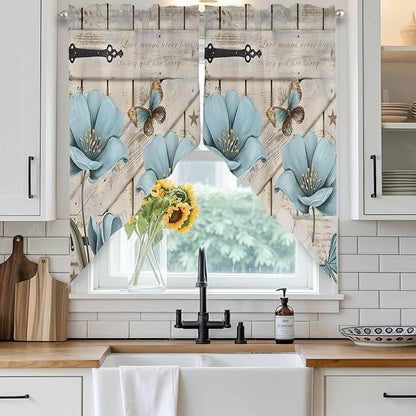 Teal Blue Tulips Swag Valances for Windows, Spring Floral Barn Doors Vintage Wood Beige Rod Pocket Kitchen Curtains Valance, Small Window Curtains Swag for Cafe Living Room, 2 Panels, 28x36 inch