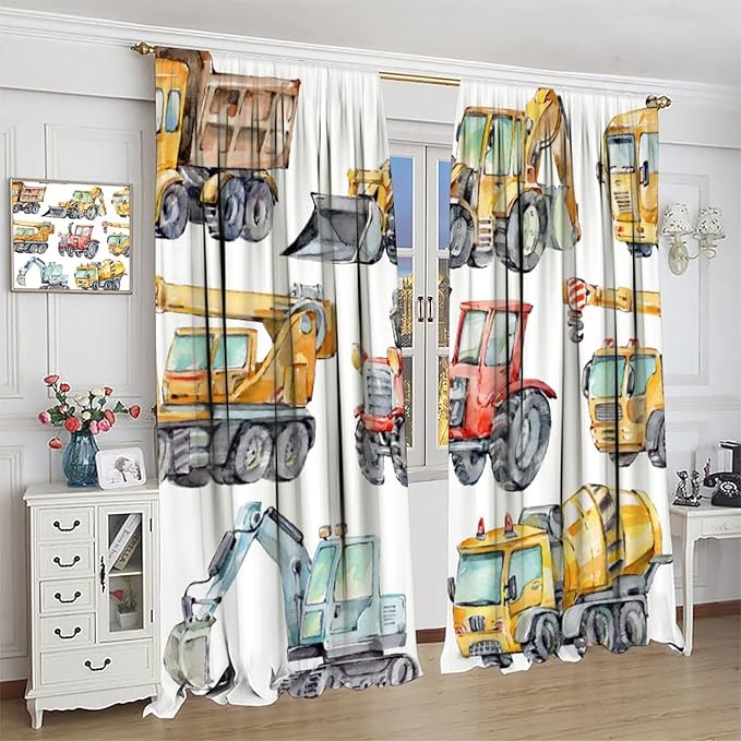 Kids Excavator Curtains, Retro Truck Tractor Machinery Construction Vehicle Crane Digger Mixer Rod Pocket Decorative Windows Curtain for Teens Girls Boys Room 72x63in (30% Blackout)