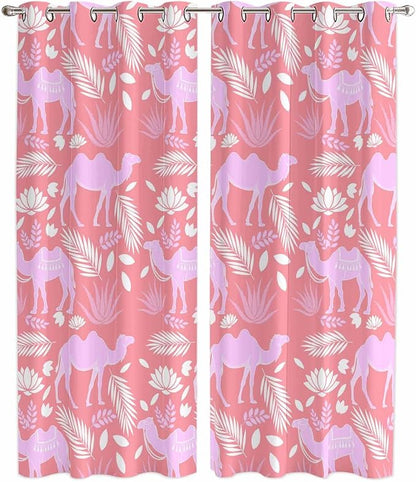 2 Panel Kitchen Cafe Curtains, Desert Camel Sunlight Filtering Nature Air Through, Window Decor Tier Curtains for Living Room 104W x 90L inch Vintage Sand Camel Leaves Flower Pattern Pink