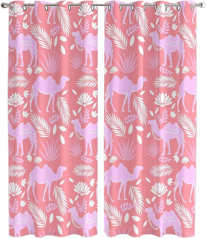 2 Panel Kitchen Cafe Curtains, Desert Camel Sunlight Filtering Nature Air Through, Home Decor Window Covering Tier Curtains for Living Room 80W x 84L inch Vintage Sand Camel Leaves Flower Pattern Pink