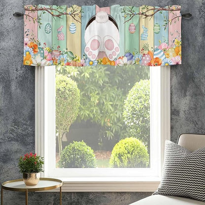 Easter Curtain Valances for Windows, Kitchen Valance Window Treatment, Spring Colorful Bunny Eggs Flower Wood Grain Light Filtering Block Curtains for Bathroom/Bedroom/Living Room 42'' x 18''