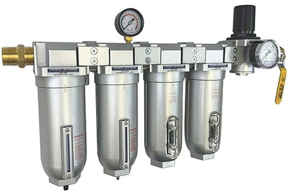 1/2" NPT Industrial (5-Stage) Moisture Removing Particulate Filter and Oil Removing Coalescing Filter and Two Desiccant Air Dryers and Air Pressure Regulator