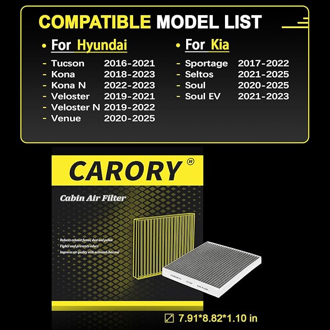 Cabin Air Filter w/Activated Carbon for Hyundai Kona 18–23, Tucson 16–21, Veloster 19–21, Veloster N 19–22, Venue 20–25, Kia Seltos 21–25, Soul 20–25, Soul EV 21–23, Sportage 17–22 and More