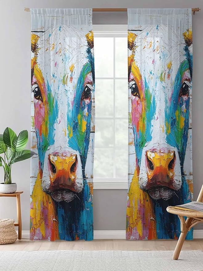 Sheer Curtains 108 Inches Long, Funny Colorful Cow Semi Sheer Curtains Light Filtering Window Treatment, Retro Rustic Oil Painting Wood Grain Privacy Voile Drapes for Living Room Bedroom 52x108 Inch