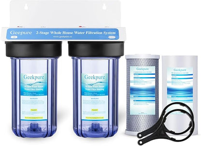 Geekpure 2 Stage Whole House Water Filter System with 10-Inch Big Clear Housing PP and Carbon Filters-1"NPT