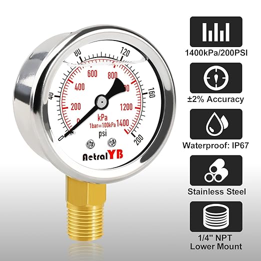 0-200 Psi 2-Inch Waterproof Pressure Gauge, Liquid-Filled, 1/4" NPT Lower Mount, Stainless Steel, Pressure Gauge for Water Pumps, Oil Systems, Pneumatic Air, and Pool Sand Filters