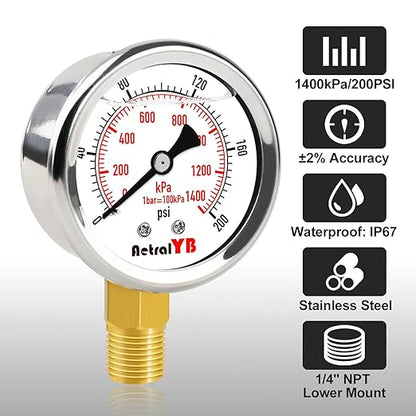 0-200 Psi 2-Inch Waterproof Pressure Gauge, Liquid-Filled, 1/4" NPT Lower Mount, Stainless Steel, Pressure Gauge for Water Pumps, Oil Systems, Pneumatic Air, and Pool Sand Filters