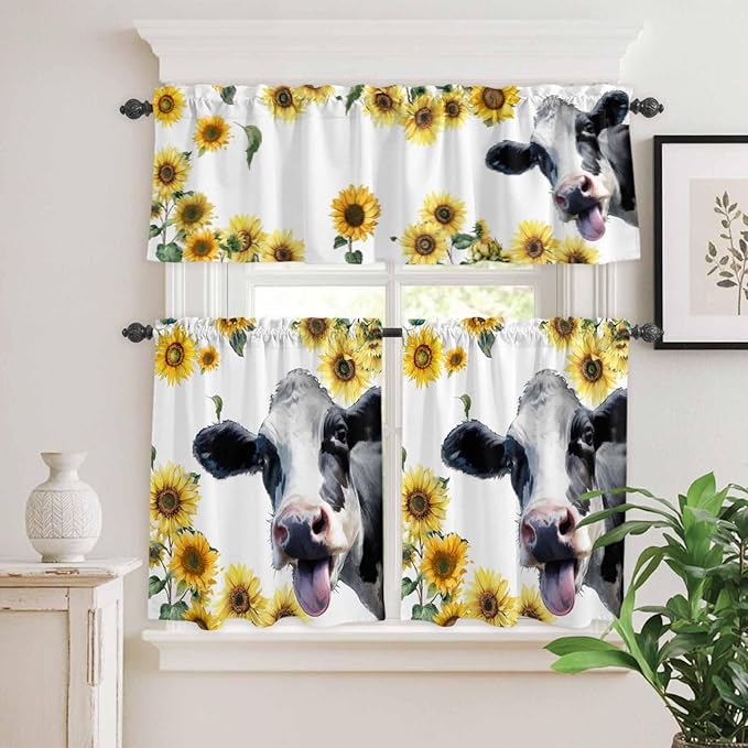 Kitchen Curtains Tiers and Valance Set of 3, Cow Sunflowers Light Filtering Window Curtain Set, Spring Botanical Floral Flowers Animals Rod Pocket Curtain Drapes for Cafe, Living Room, 24 Inches Tiers