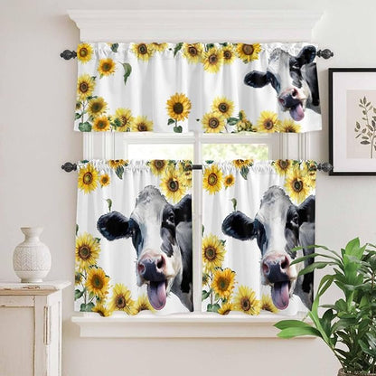 Kitchen Curtains Tiers and Valance Set of 3, Cow Sunflowers Light Filtering Window Curtain Set, Spring Botanical Floral Flowers Animals Rod Pocket Curtain Drapes for Cafe, Living Room, 24 Inches Tiers