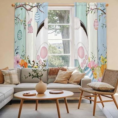Easter Window Curtains 72 Inch Long 2 Panel Set,Rod Pocket Long Curtains & Drapes,Spring Watercolor Bunny Eggs Wood Grain Teal Blue Light Filtering Window Treatment for Bedroom Living Room 52"W x 72"L