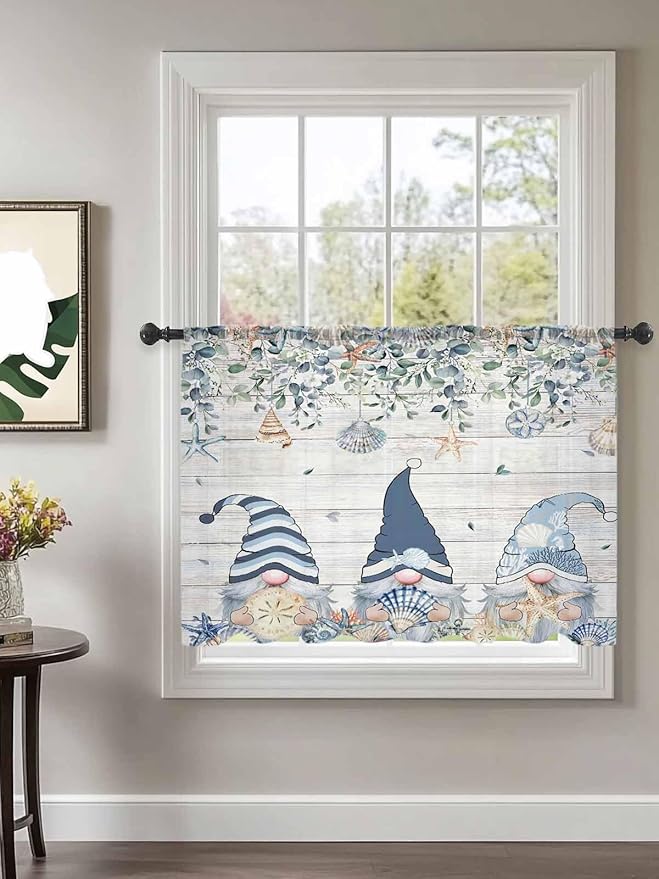 Sheer Curtains 54 Inch Length, Coastal Eucalyptus Leaf Semi Sheer Curtains Light Filtering Window Treatment, Ocean Blue Gnomes Starfish Wood Grain Privacy Voile Drapes for Living Room 52x54 Inch
