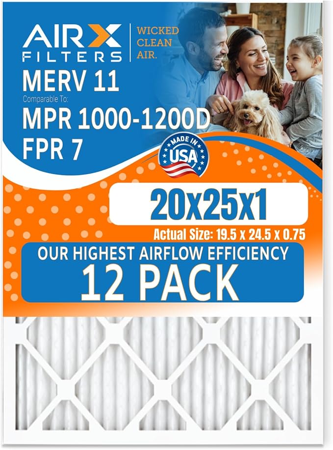 20x25x1 Air Filter MERV 11 Rating, 12 Pack of Furnace Filters Comparable to MPR 1000, MPR 1200, FPR 7, High Efficiency 12 Pack of Furnace Filters Made in USA by AIRX FILTERS WICKED CLEAN AIR.