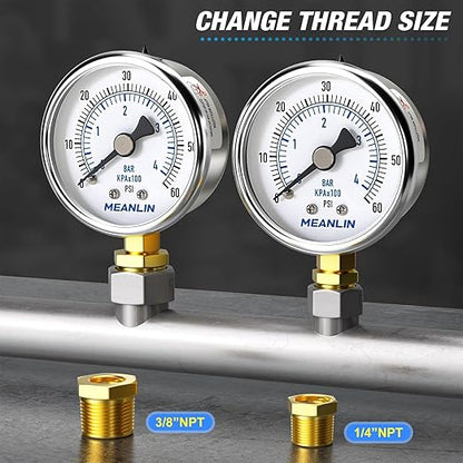 MEANLIN MEASURE 0~60Psi Dry Pressure Gauge Stainless Steel 1/8" NPT 2" FACE DIAL Waterproof for Pool Filter Pump Oil Air Compressor Tire Pressure Tester Lower Mount with 1/4" NPT and 3/8" NPT Hex Bush