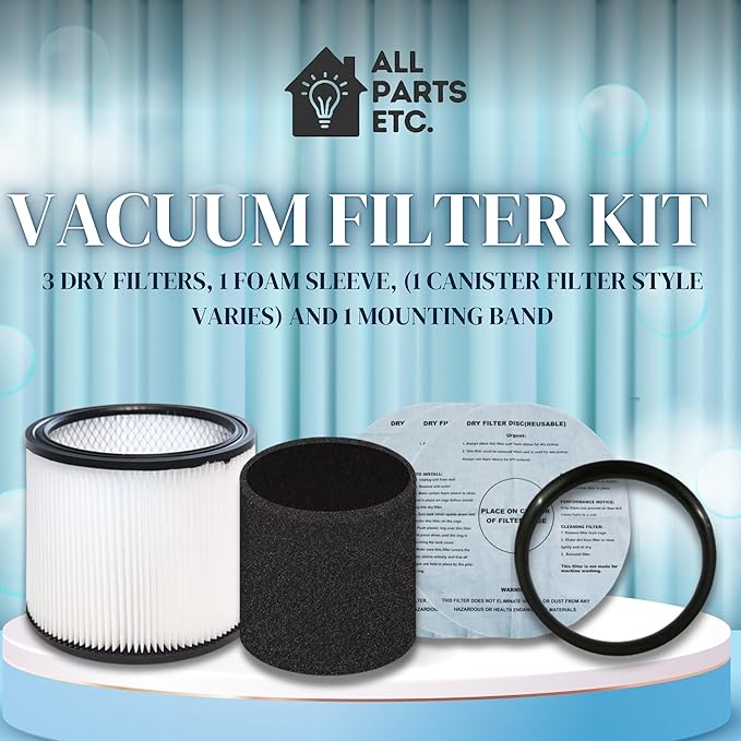 Vacuum Canister Filter Set for Wet/Dry Shop Vacuums – Includes Canister Filter, Foam Sleeve, 3 Dry Filter Discs, and Mounting Band Compatible with Shop-Vac, Craftsman, Ridgid, and More