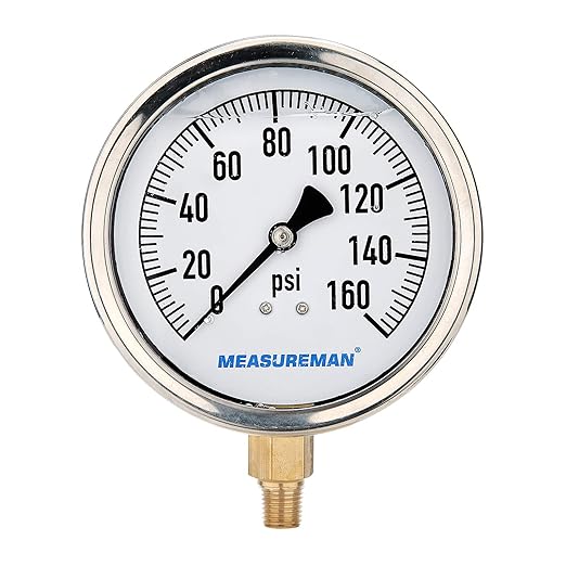 MEASUREMAN 4" Dial Size, Glycerin Filled Plumbing Pressure Gauge, 0-160psi, Stainless Steel Case, 1/4" NPT Lower Mount