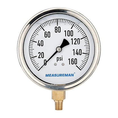 MEASUREMAN 4" Dial Size, Glycerin Filled Plumbing Pressure Gauge, 0-160psi, Stainless Steel Case, 1/4" NPT Lower Mount