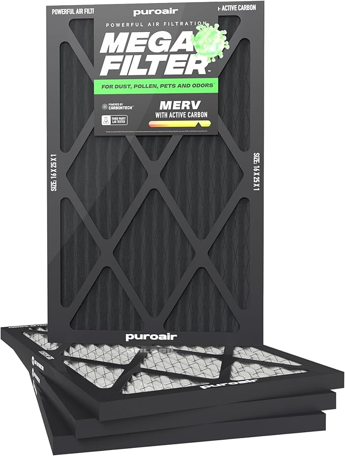 PuroAir MegaFilter - 16x25x1 Air Filter MERV 13 Activated CarbonTech Defense - Heavy Duty 3 Layer Furnace Filters Allergens, Pollen, Dust, Pet Dander, Smoke, Odors - HVAC Air Filter 16x25x1 (4-Pack)