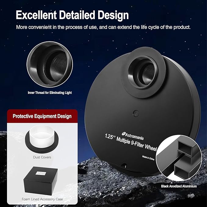 Astromania Telescope Filter Drawer, Multiple 9-Position Filter Wheel Holder for Telescope with T-Adapter, Telescope Accessories Compatible with 1.25 Inch Filters for Planetary Moon Nebula Observation