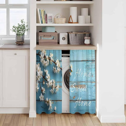 Farmhouse Wooden Grain Kitchen Curtains, Vintage Shabby Chic Flower Blue Light Filtering Window Curtain Panels, 2Pcs Rod Pocket Window Treatments Set for Cabin Bathroom Bedroom 52x45 Inches