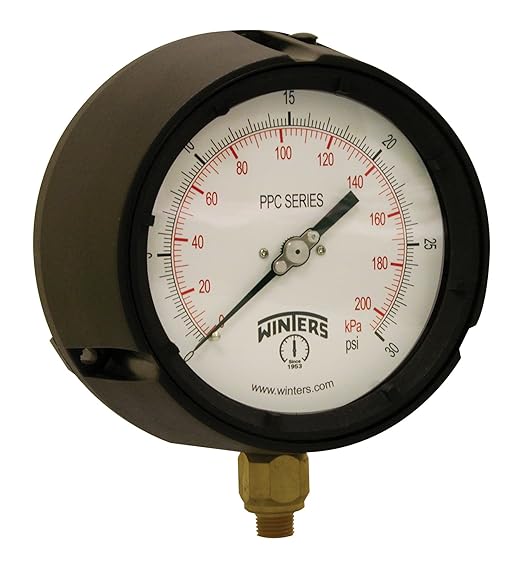 Winters PPC Series Phenolic Dual Scale Process Pressure Gauge with Brass Internals, 0-30 psi/kpa, 4-1/2" Dial Display, +/-0.5% Accuracy, 1/4" NPT Bottom Mount