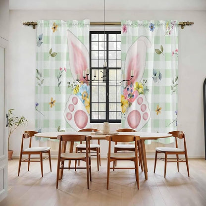 Easter Window Curtains 72 Inch Long 2 Panel Set, Rod Pocket Long Curtains & Drapes, Spring Bunny Ears Feet Flowers Green Plaid Light Filtering Window Treatment for Bedroom Living Room 52"W x 72"L