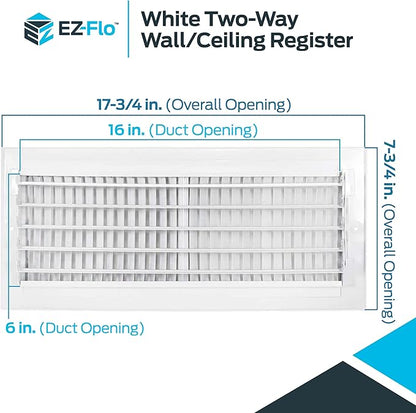 EZ-FLO 16 x 6 Inch (Duct Opening) White Air Vent Cover for Wall or Ceiling, Two-Way Ventilation Register, Solid Steel HVAC Cover, 61663 (Pack of 2)
