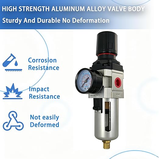 HengMinLingTong 3/8" NPT Compressed Air Filter Regulator Combo Piggyback, 5 Micron Brass Element, Poly Bowl, Semi-Auto Drain, Metal Bracket, 0-150 psi AW3000-03
