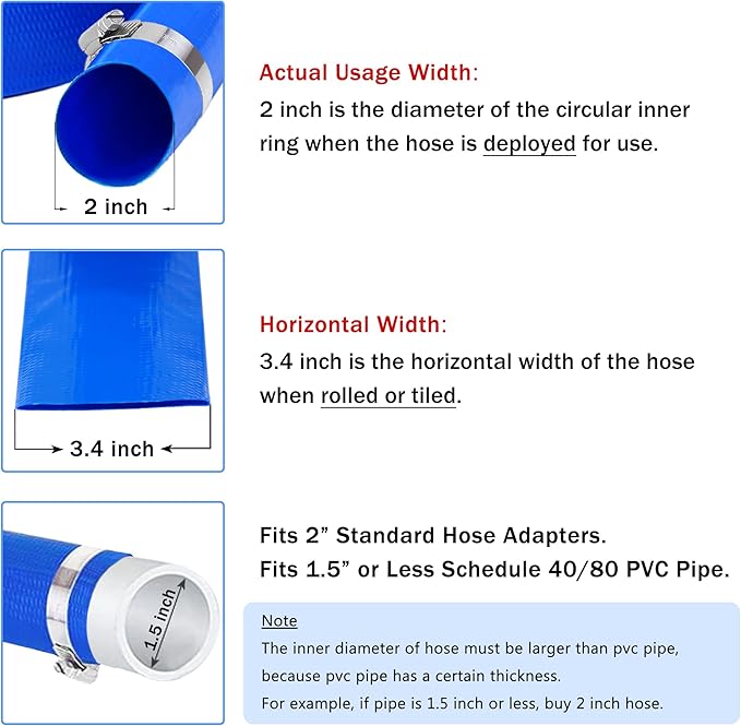 DAVCO 2" x 25 ft Pool Backwash Hose, Heavy Duty Reinforced Blue PVC Lay Flat Water Discharge Pump Hoses For Swimming Drain Pools and Clean Filters,with 1 Clamp