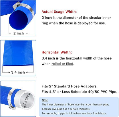 DAVCO 2" x 100 ft Pool Backwash Hose, Heavy Duty Reinforced Blue PVC Lay Flat Water Discharge Pump Hoses For Swimming Drain Pools and Clean Filters,with 1 Clamp