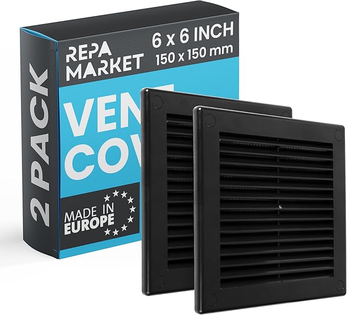 Repa Market 6 x 6 Inch (Outer) Black Square Air Vent Cover - Pack of 2 Plastic Fresh Air Intake Vent - AC Cover with Nylon Mesh Screen, Wall, Ceiling HVAC Return Air Register, Modern Soffit Vents