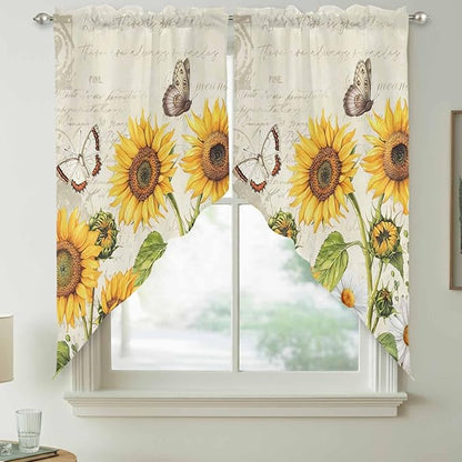 Farm Sunflowers Swag Valances for Windows, Retro Flowers Butterfly Botanical Beige Rod Pocket Kitchen Curtains Valance, Small Window Curtains Swag for Cafe Bathroom Living Room, 2 Panels, 36x36 inch