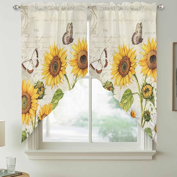 Farm Sunflowers Swag Valances for Windows, Retro Flowers Butterfly Botanical Beige Rod Pocket Kitchen Curtains Valance, Kitchen Window Curtains Swag for Cafe Bathroom Living Room, 2 Panels, 36x63 inch