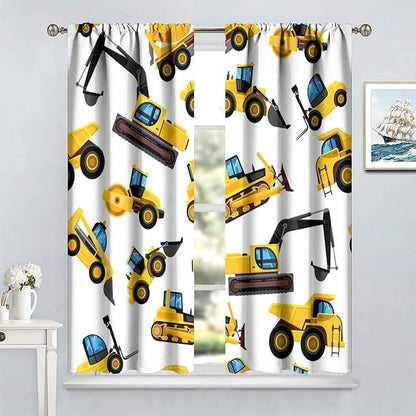 Kids Construction Equipment Window Curtains, Excavator Tractor Tow Truck Rod Pocket Decorative Windows Curtain for Children Teens Boys Girls Room Decor 63x72in (30% Blackout)