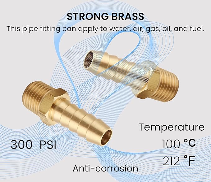 3/8 Inch Hose Barb to 1/4 Inch NPT Male Thread Brass Air Hose Barb Fittings, Brass Barbed Air Hose Repair Connector, (10 Piece)